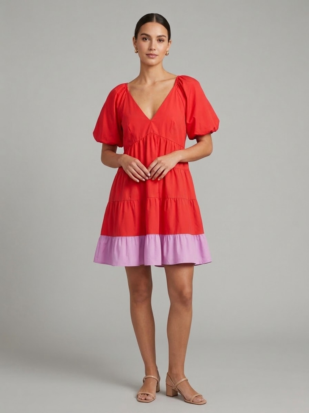 Entro Red Pink Romantic Colorblock Tiered Puff Sleeve Babydoll Mini Dress M Boho